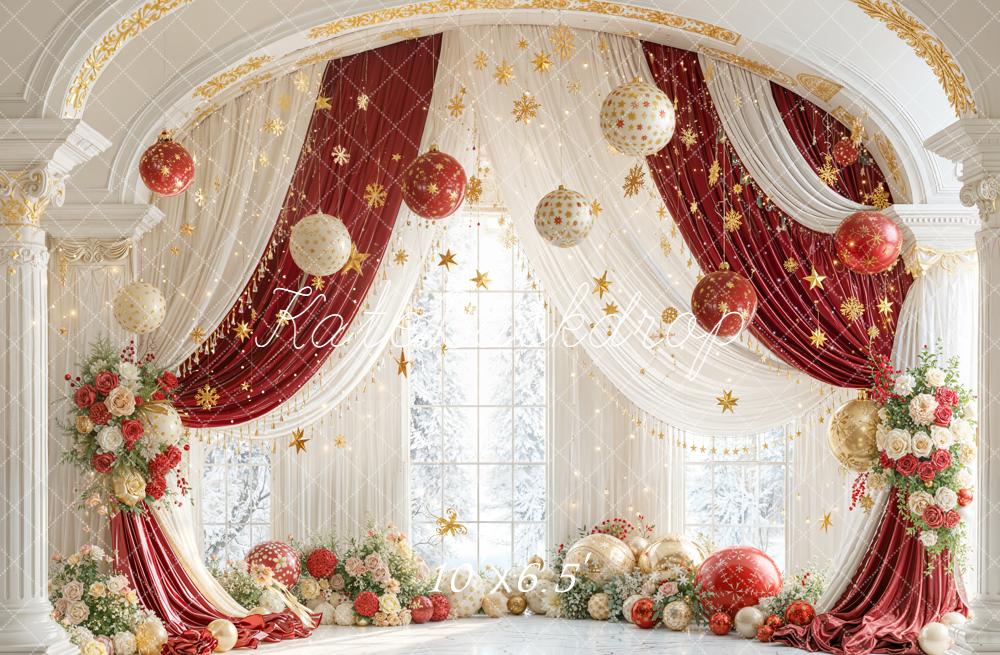 Kate Christmas Red Gold Ornaments Floral Arch Backdrop Designed by Emetselch - Image 4
