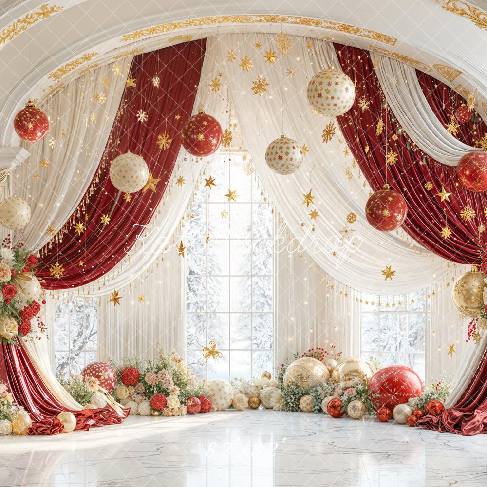 Kate Christmas Red Gold Ornaments Floral Arch Backdrop Designed by Emetselch - Image 5
