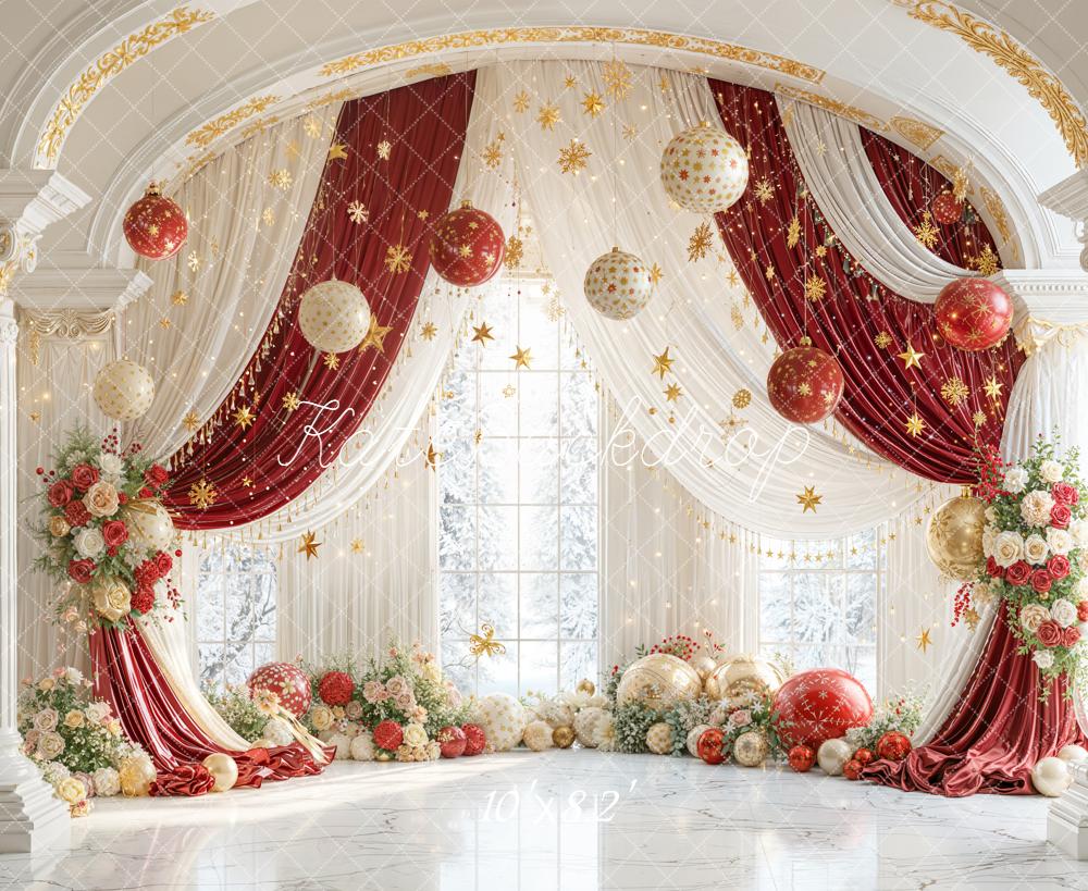 Kate Christmas Red Gold Ornaments Floral Arch Backdrop Designed by Emetselch - Image 6