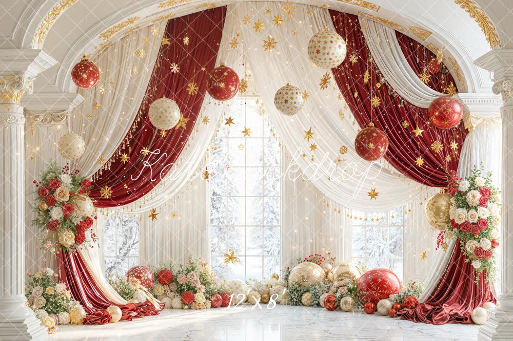 Kate Christmas Red Gold Ornaments Floral Arch Backdrop Designed by Emetselch - Image 8