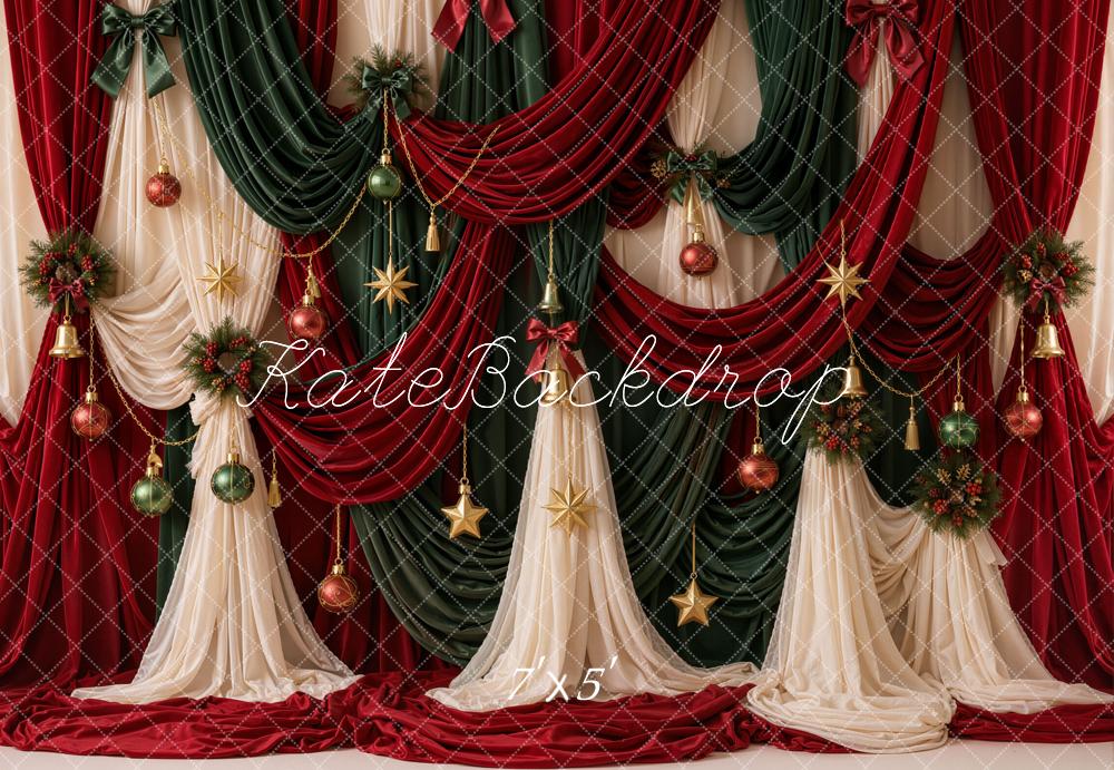 Kate Christmas Red Green Curtains Baubles Wreaths Backdrop Designed by Emetselch - Image 2