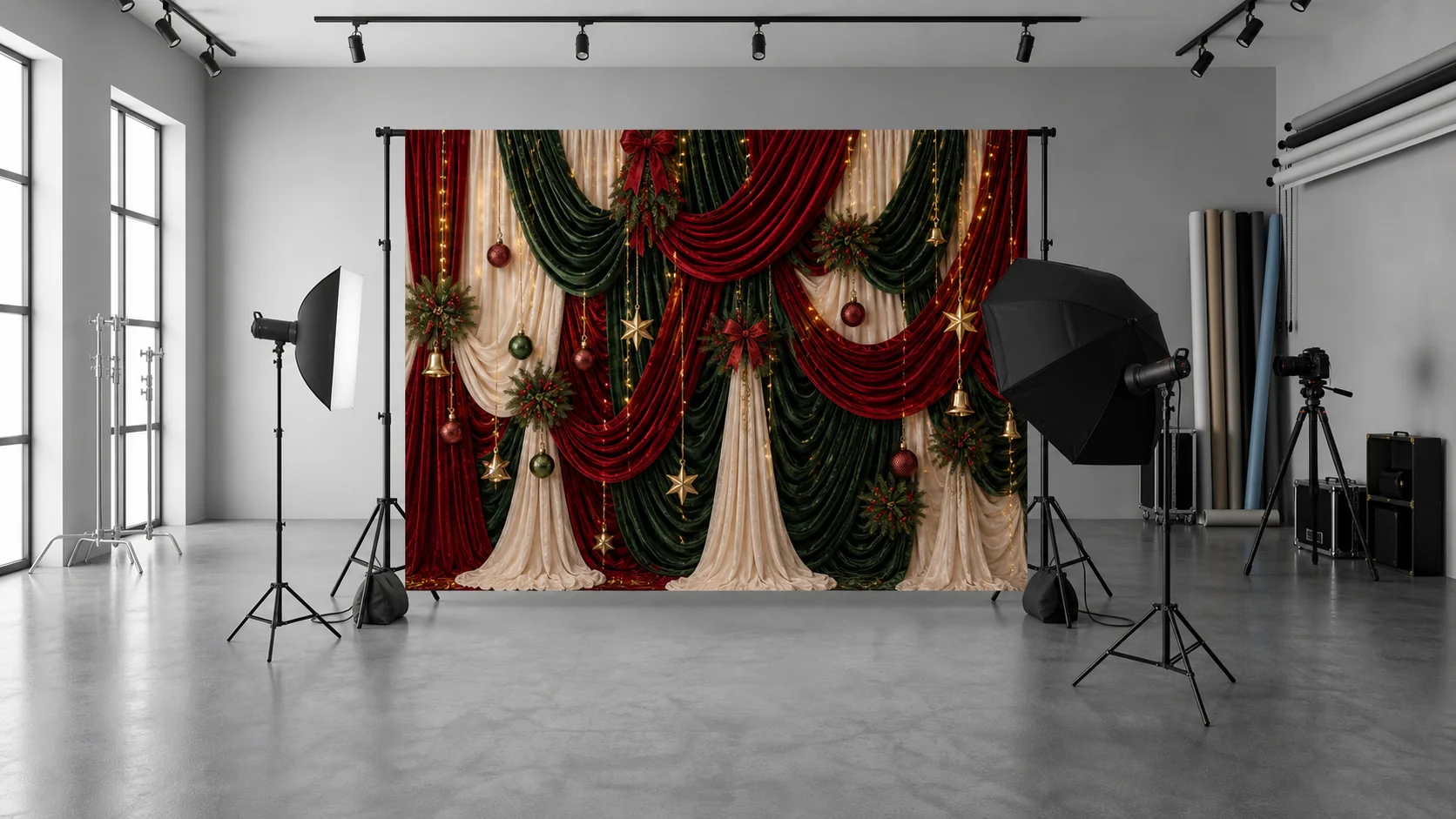 Kate Christmas Red Green Curtains Baubles Wreaths Backdrop Designed by Emetselch - Image 3