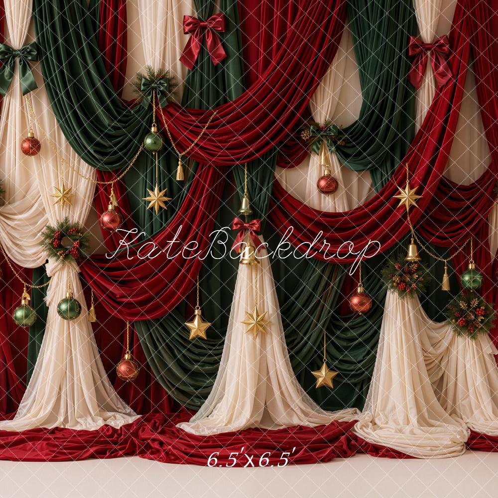 Kate Christmas Red Green Curtains Baubles Wreaths Backdrop Designed by Emetselch - Image 4