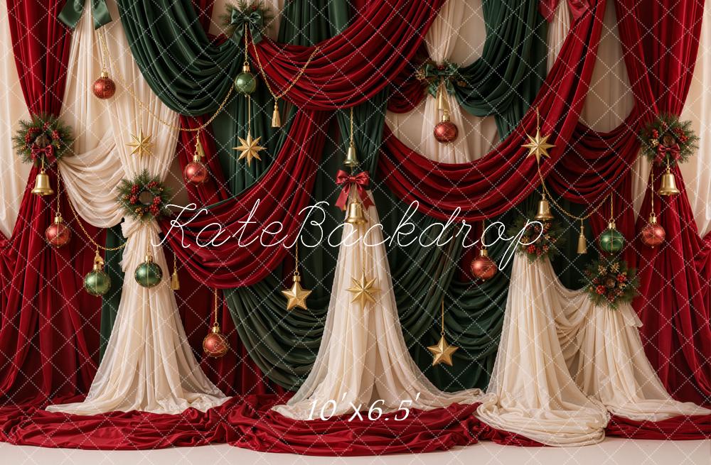 Kate Christmas Red Green Curtains Baubles Wreaths Backdrop Designed by Emetselch - Image 6