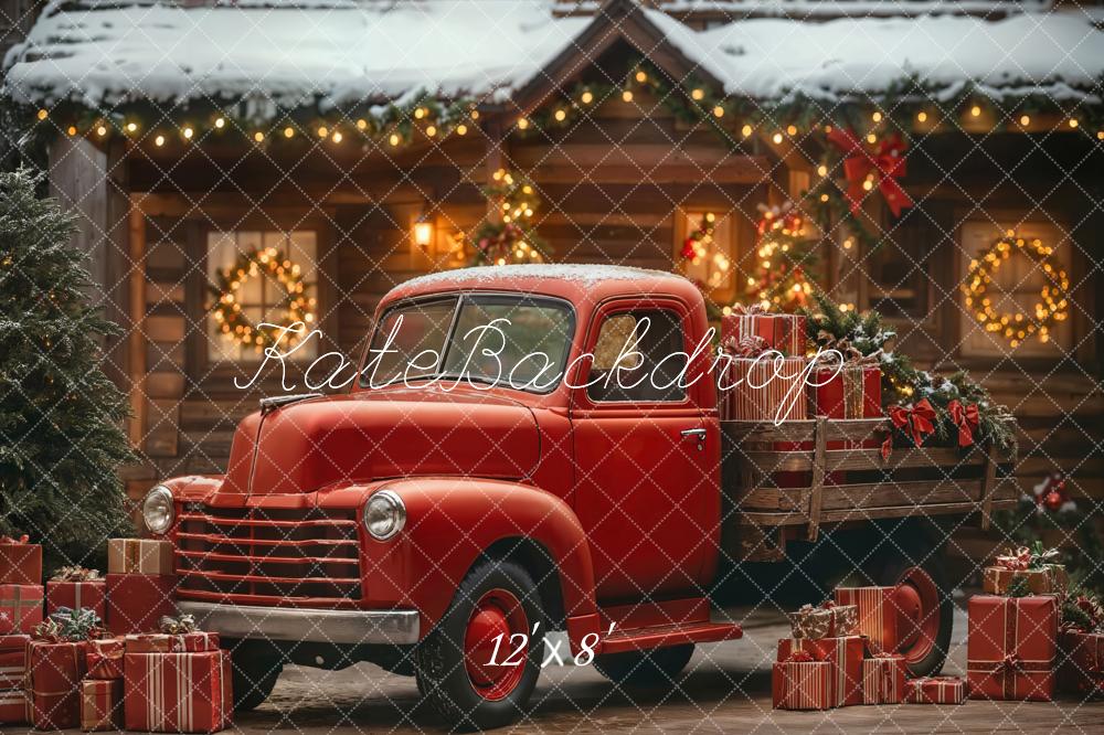 Kate Christmas Red Truck Cabin Fleece Backdrop Designed by Emetselch - Image 4