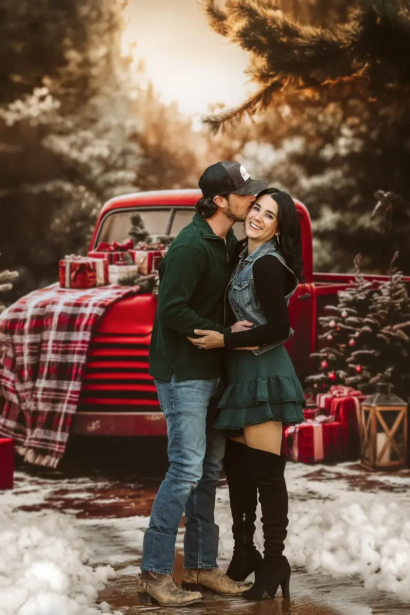 Kate Christmas Red Truck Forest Backdrop+Winter Snowy Path Floor Backdrop