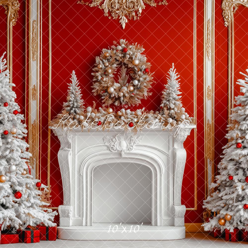 Kate Christmas Red Wall White Fireplace Trees Backdrop Designed by Patty Robert - Image 7