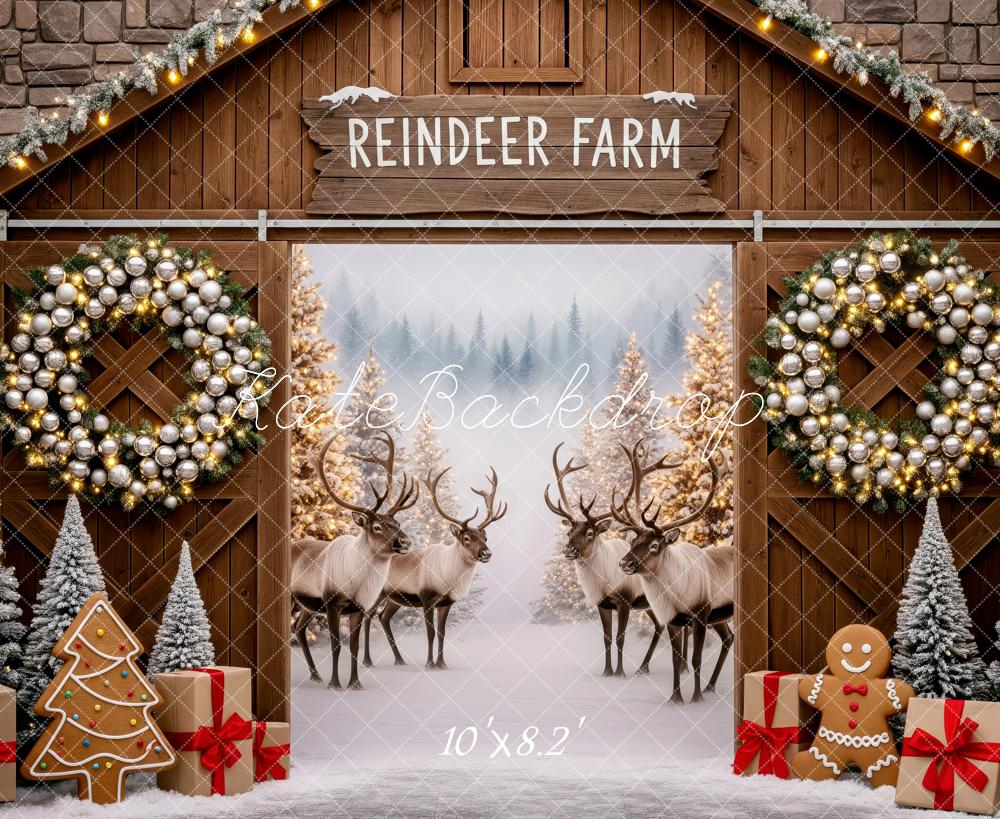 Kate Christmas Reindeer Farm Gingerbread Trees Fleece Backdrop Designed by Patty Robert - Image 3