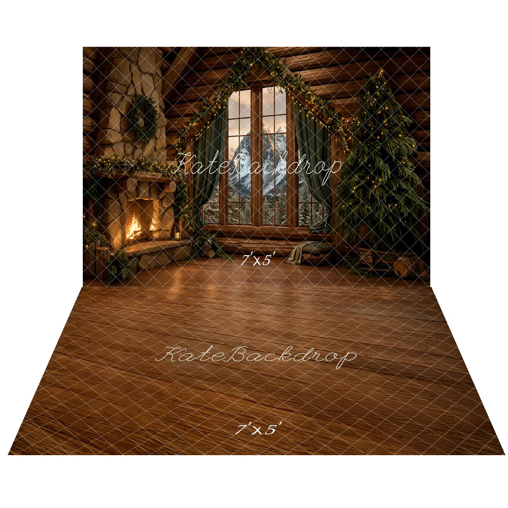 Kate Christmas Rustic Cabin Fireplace Window Backdrop+Brown Wood Floor Backdrop