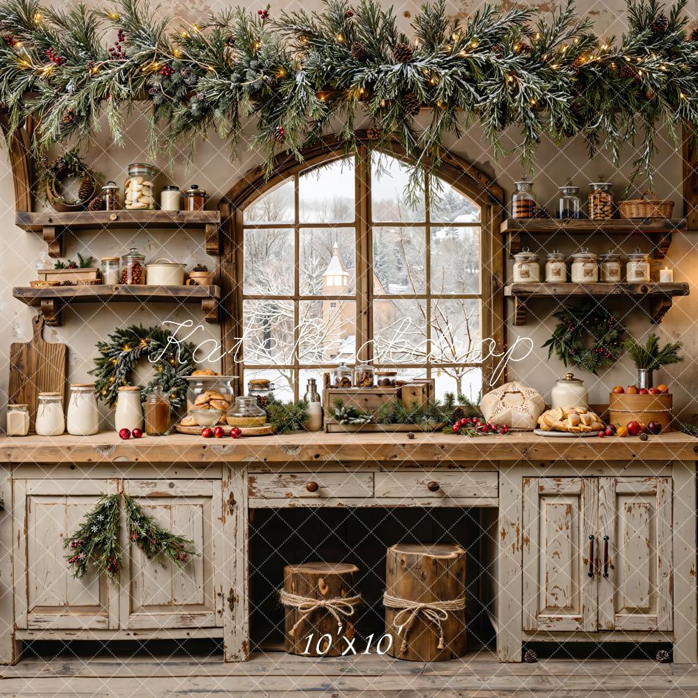 Kate Christmas Kitchen Rustic Window Garland Backdrop Designed by Emetselch - Image 7