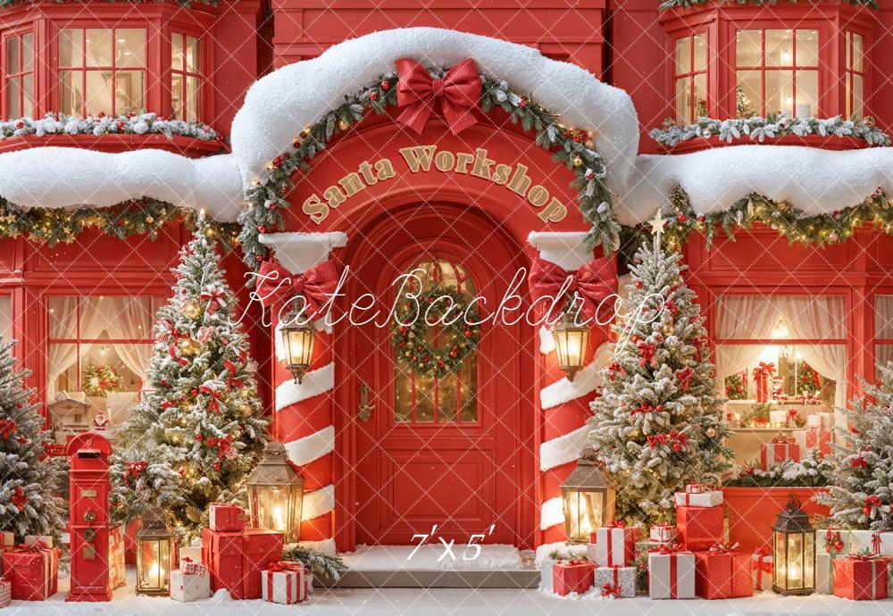 Kate Red Christmas Santa Workshop Snowy Trees Backdrop Designed by Emetselch
