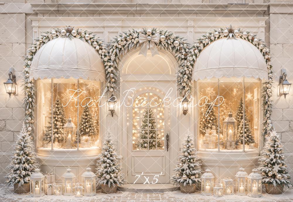 Kate Christmas Shop Window Lanterns Snowy Trees Backdrop Designed by Emetselch