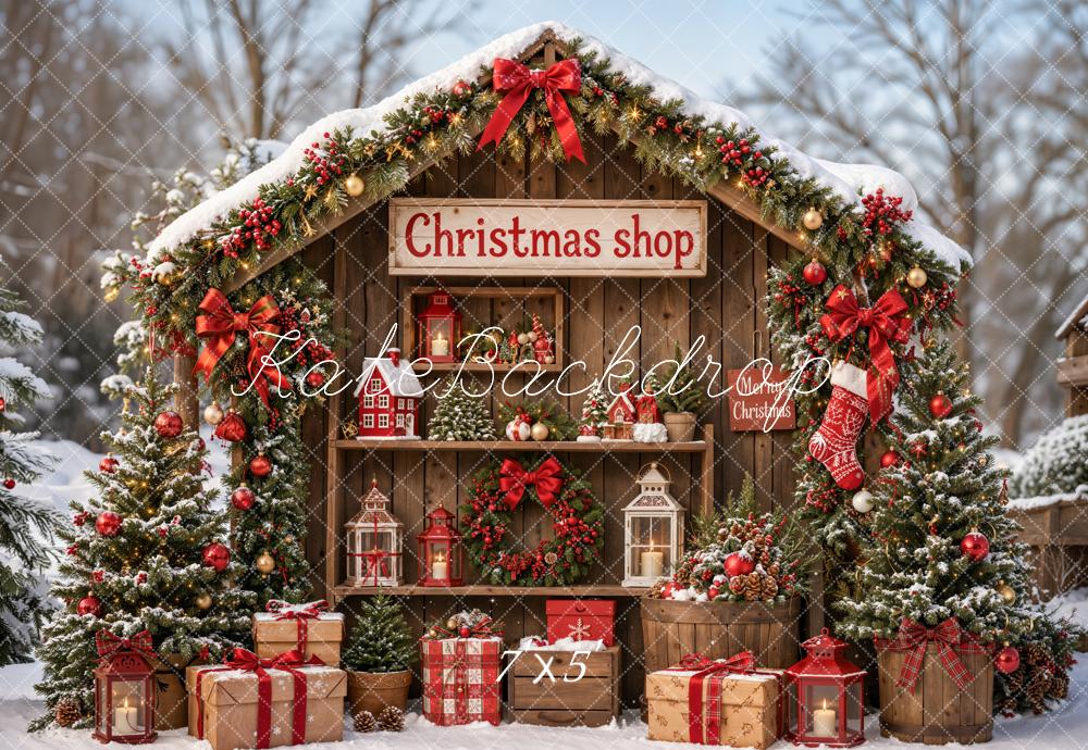 Kate Christmas Shop Wooden Cabin Presents Trees Backdrop Designed by Emetselch