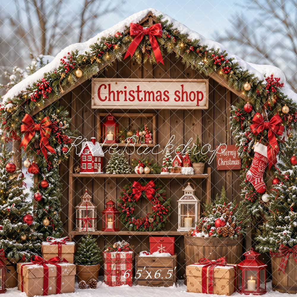 Kate Christmas Shop Wooden Cabin Presents Trees Backdrop Designed by Emetselch - Image 2