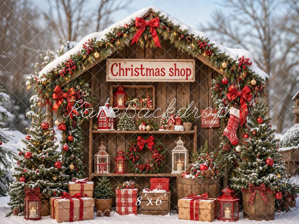 Kate Christmas Shop Wooden Cabin Presents Trees Backdrop Designed by Emetselch - Image 3