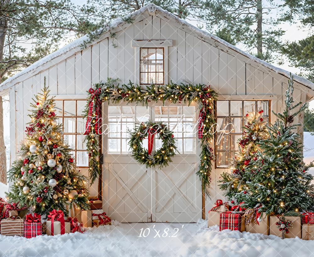 Kate Christmas Snow Cottage Trees Presents Backdrop Designed by Emetselch - Image 6