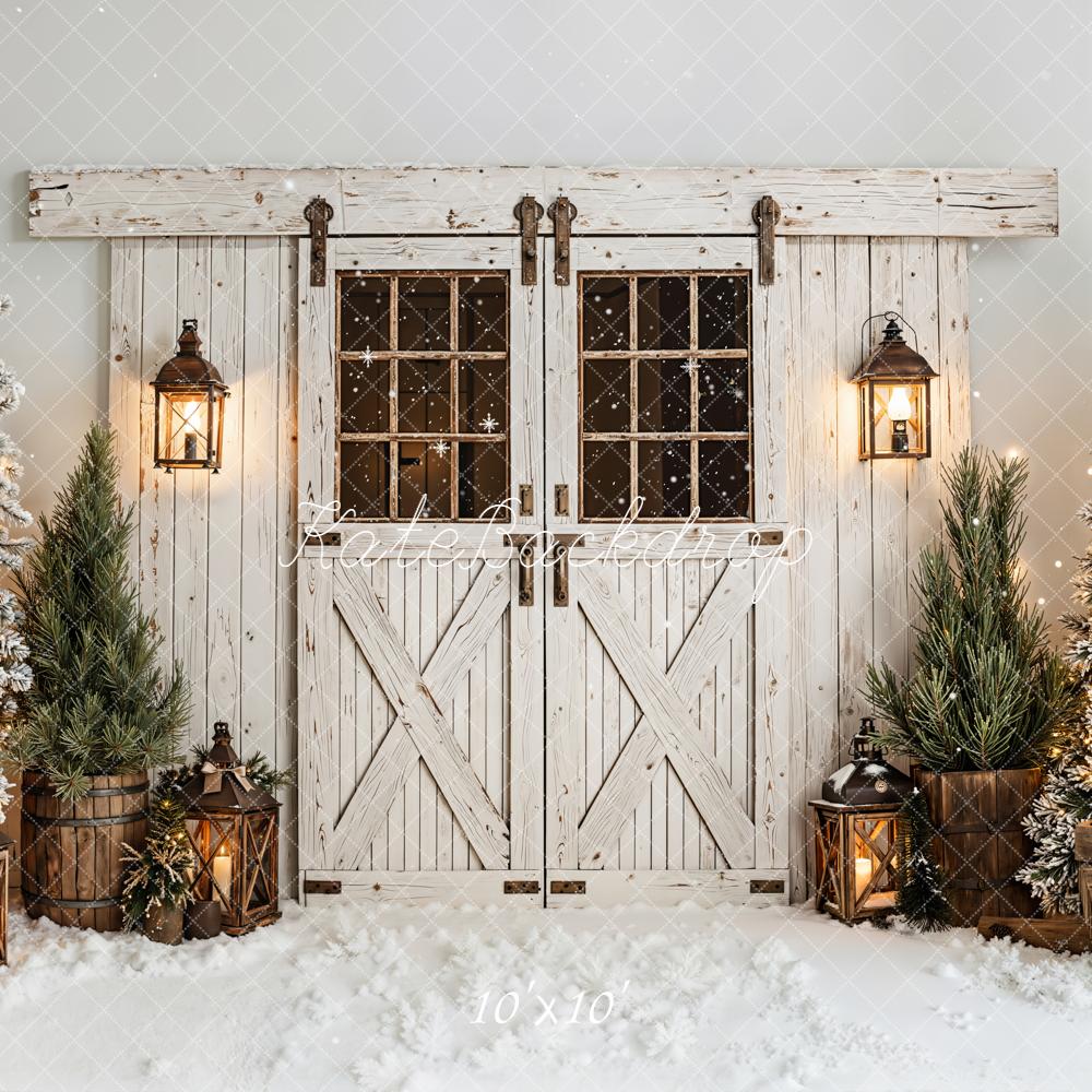 Kate Christmas Snow Trees Lanterns Rustic Doors Backdrop Designed by Emetselch - Image 7