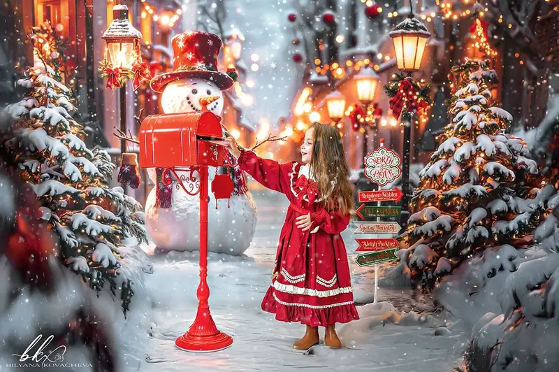 Kate Christmas Snowman Winter Street Lights Backdrop Designed by Emetselch