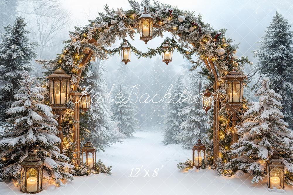 Kate Christmas Snowy Arch Lanterns Forest Fleece Backdrop Designed by Emetselch - Image 4