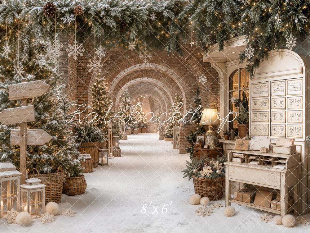 Kate Christmas Snowy Archway Pine Trees Fleece Backdrop Designed by Emetselch