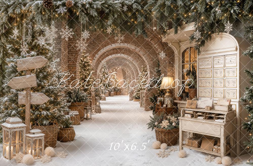 Kate Christmas Snowy Archway Pine Trees Fleece Backdrop Designed by Emetselch - Image 2