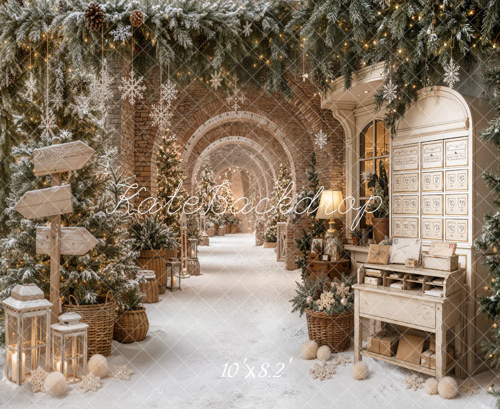 Kate Christmas Snowy Archway Pine Trees Fleece Backdrop Designed by Emetselch - Image 3