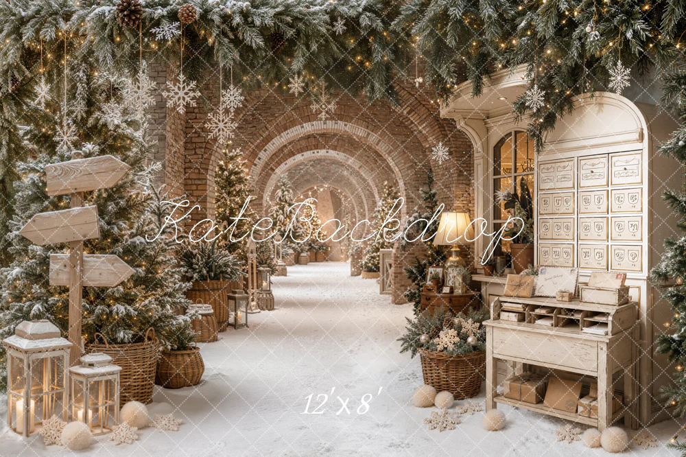 Kate Christmas Snowy Archway Pine Trees Fleece Backdrop Designed by Emetselch - Image 4