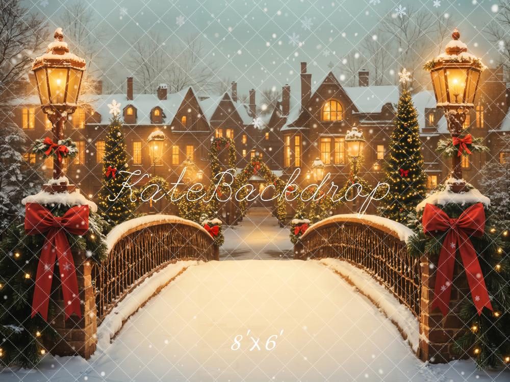 Kate Christmas Snowy Bridge Houses Fleece Backdrop Designed by Emetselch