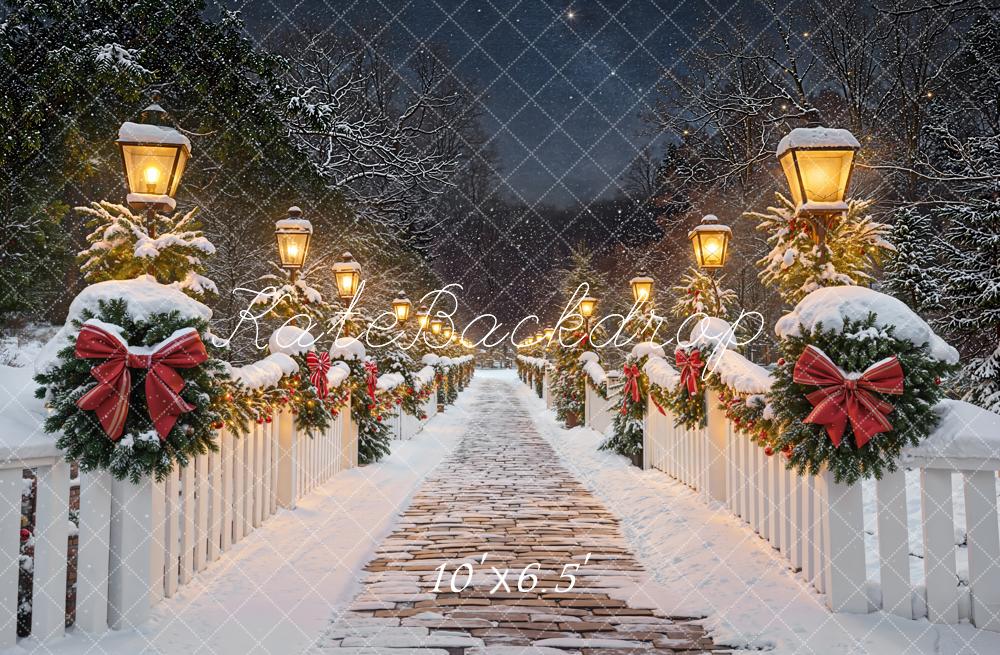 Kate Christmas Snowy Bridge Lanterns Fleece Backdrop Designed by Emetselch - Image 2