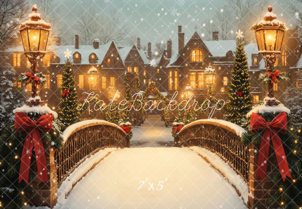 Kate Christmas Snowy Bridge Streetlamps Houses Backdrop Designed by Emetselch