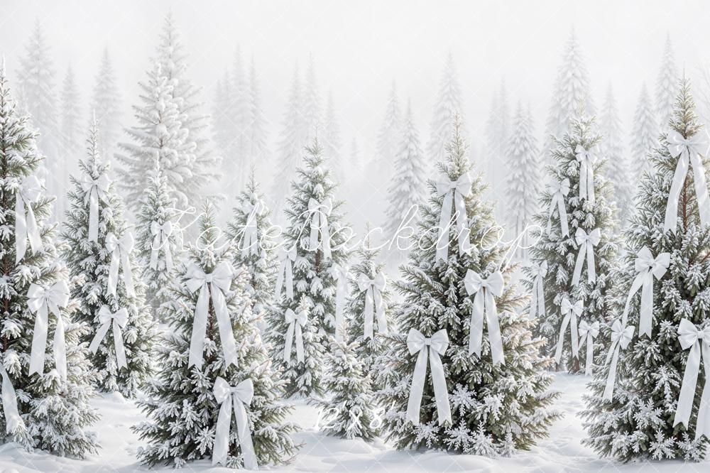 Kate Christmas Snowy Pine Trees White Bows Fleece Backdrop Designed by Emetselch - Image 4