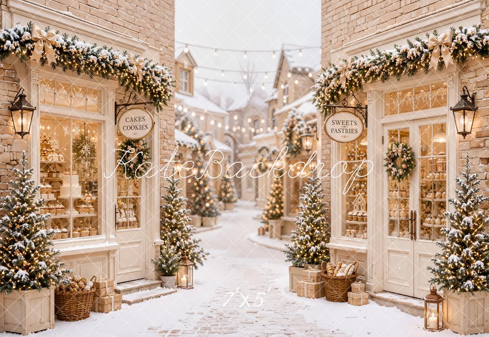 Kate Christmas Snowy Street Bakery Shops Backdrop Designed by Emetselch