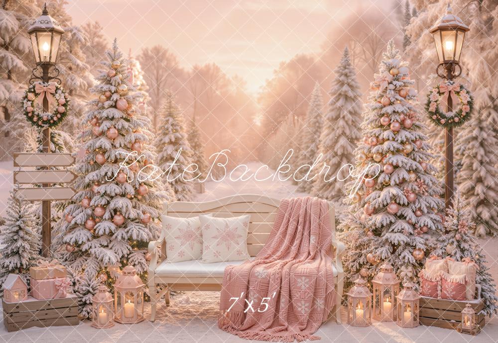 Kate Christmas Snowy Trees Bench Pink Gifts Backdrop Designed by Emetselch