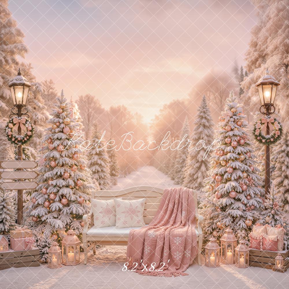 Kate Christmas Snowy Trees Bench Pink Gifts Backdrop Designed by Emetselch - Image 5