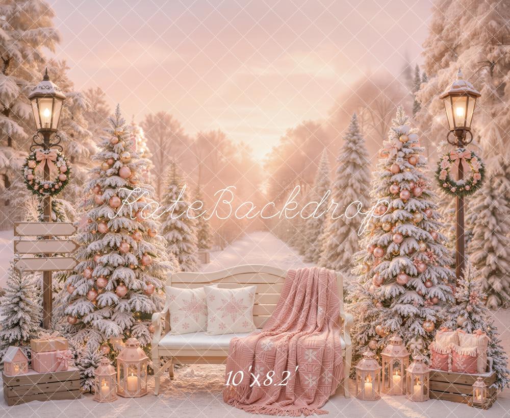 Kate Christmas Snowy Trees Bench Pink Gifts Backdrop Designed by Emetselch - Image 6