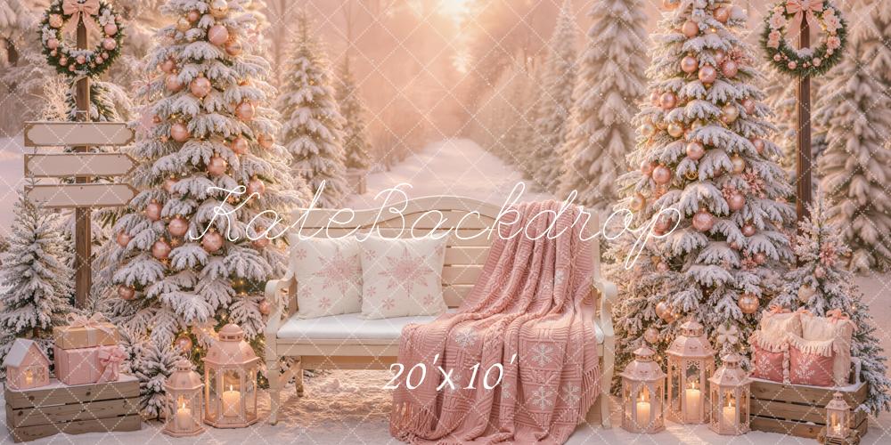 Kate Christmas Snowy Trees Bench Pink Gifts Backdrop Designed by Emetselch - Image 8