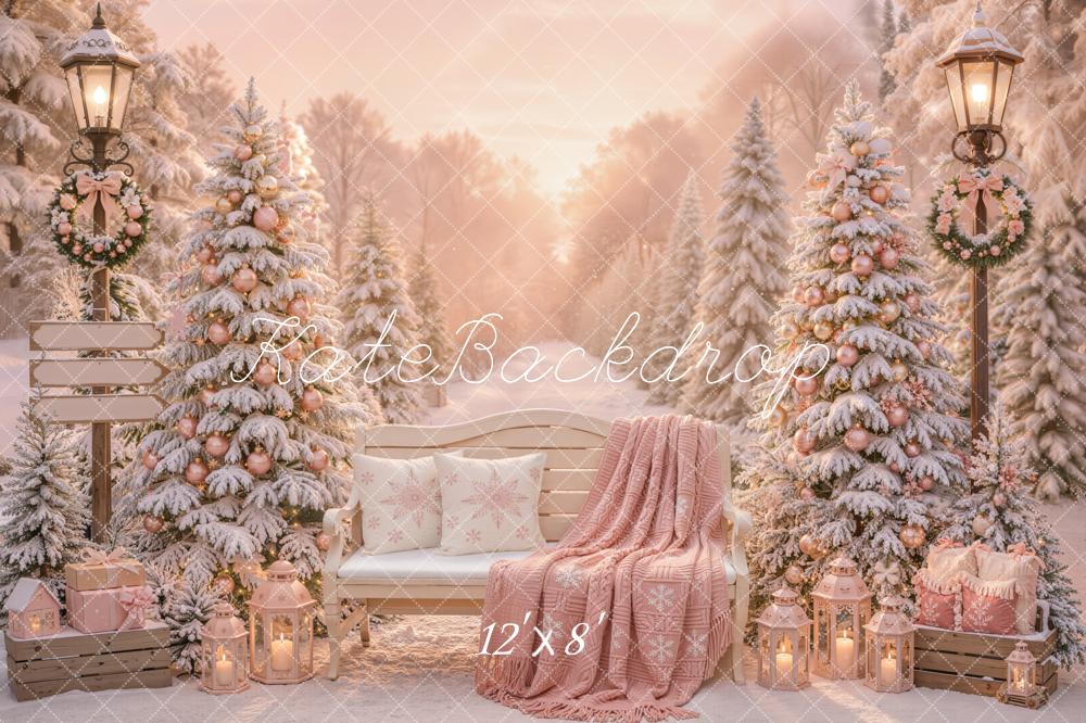 Kate Christmas Snowy Trees Bench Pink Gifts Backdrop Designed by Emetselch - Image 9