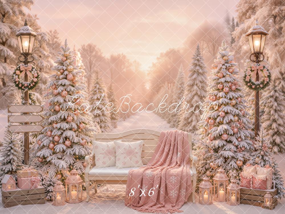 Kate Christmas Snowy Trees Bench Pink Lanterns Fleece Backdrop Designed by Emetselch