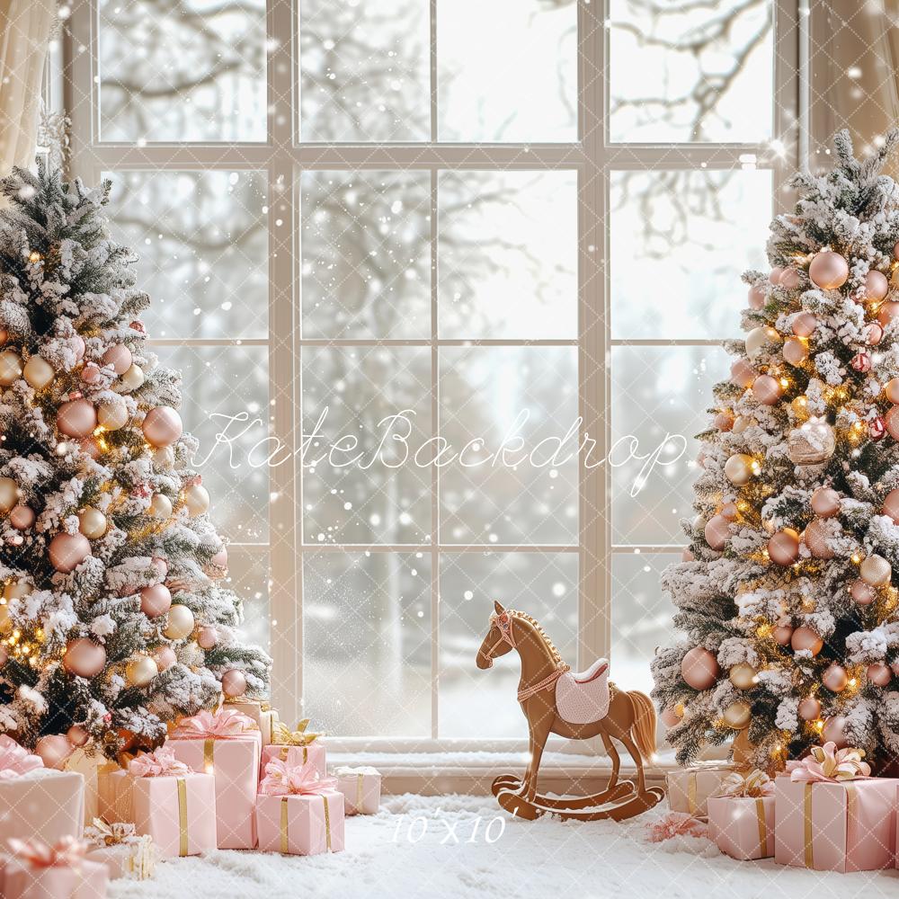 Kate Christmas Snowy Trees Pink Gifts Window Backdrop Designed by Patty Robert - Image 7