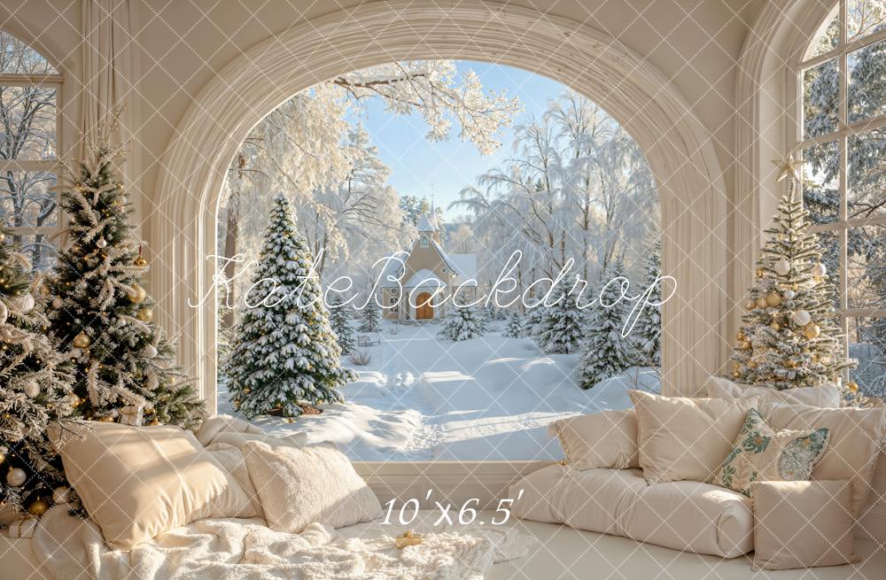 Kate Christmas Snowy Trees Window Sofa Fleece Backdrop Designed by Emetselch - Image 2
