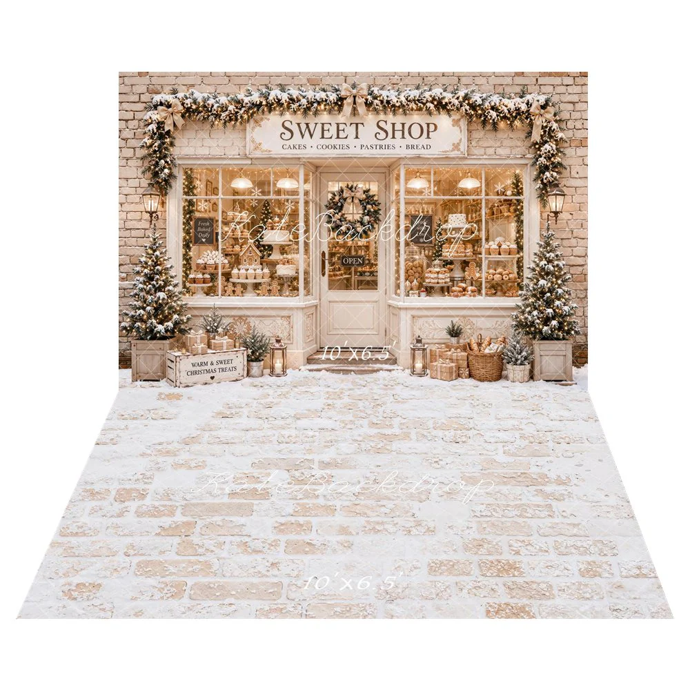 Kate Christmas Sweet Shop Gingerbread Snowy Trees Backdrop+White Vintage Wall Brick Texture Backdrop