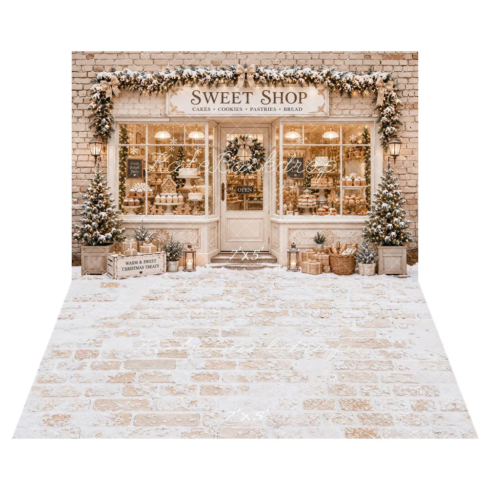 Kate Christmas Sweet Shop Gingerbread Snowy Trees Backdrop+White Vintage Wall Brick Texture Backdrop - Image 2