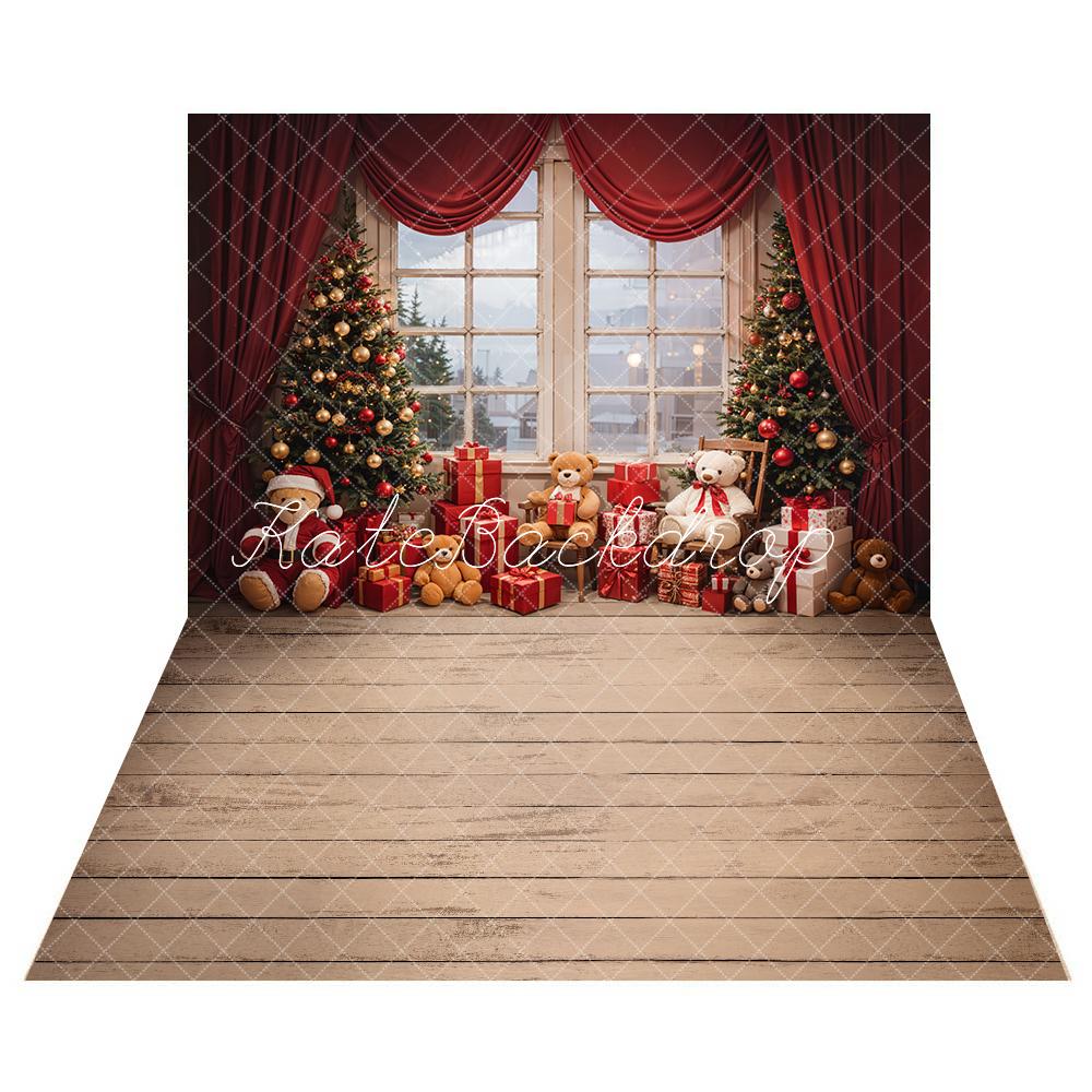 Kate Christmas Teddy Bear Red Curtain Window Backdrop+Beige Wood Striped Floor Backdrop