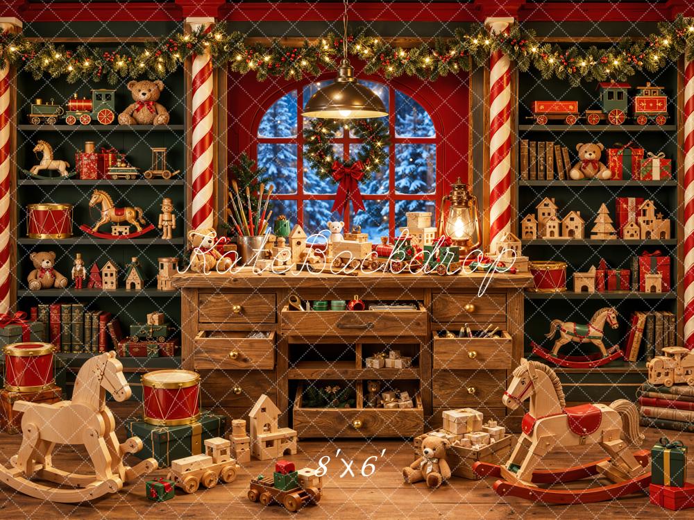 Kate Christmas Toy Workshop Candy Cane Shelves Fleece Backdrop Designed by Emetselch