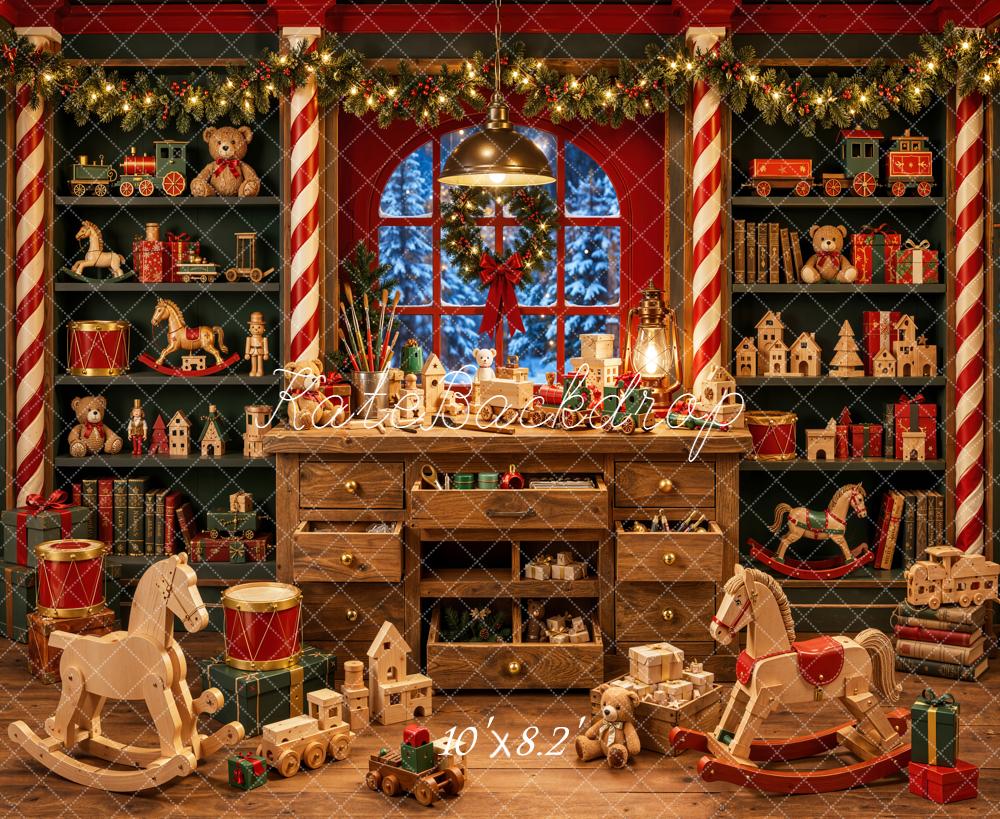 Kate Christmas Toy Workshop Candy Cane Shelves Fleece Backdrop Designed by Emetselch - Image 3