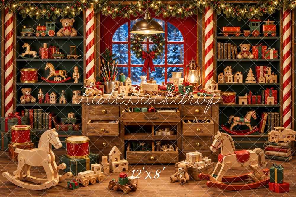 Kate Christmas Toy Workshop Candy Cane Shelves Fleece Backdrop Designed by Emetselch - Image 4