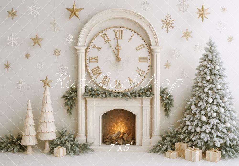 Kate Christmas Tree Clock Fireplace White Backdrop Designed by Patty Robert