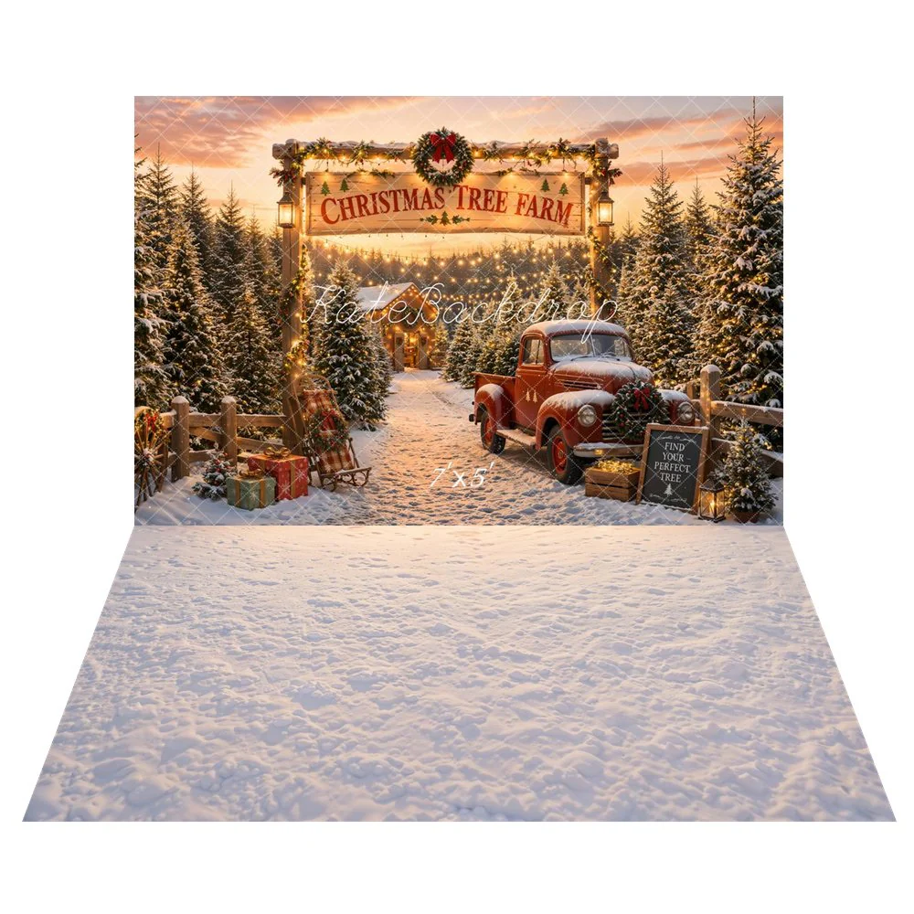 Kate Christmas Tree Farm Red Truck Snow Backdrop+Snow Ground Sunset Light Backdrop - Image 2