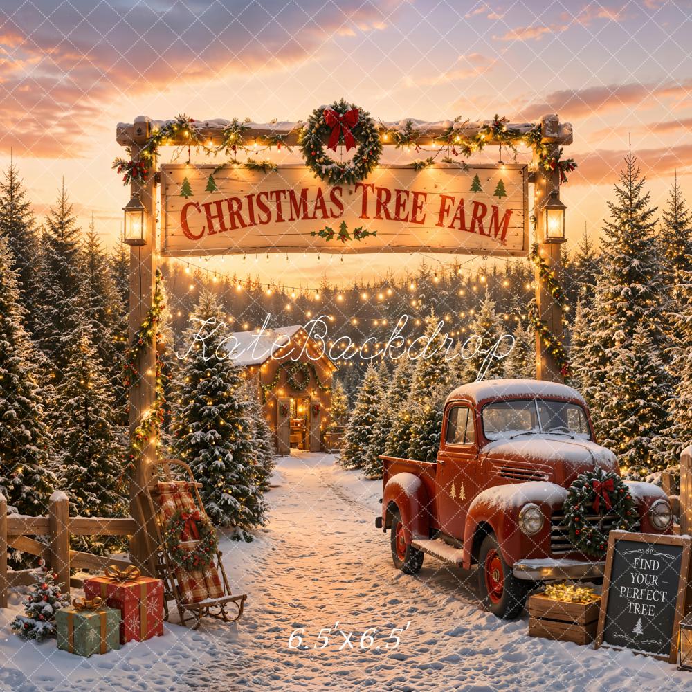 Kate Christmas Tree Farm Red Truck Snow Backdrop Designed by Emetselch - Image 2