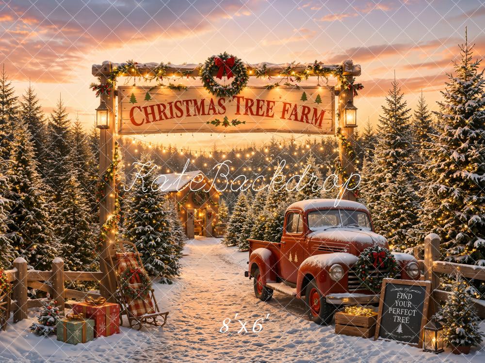 Kate Christmas Tree Farm Red Truck Snow Backdrop Designed by Emetselch - Image 3